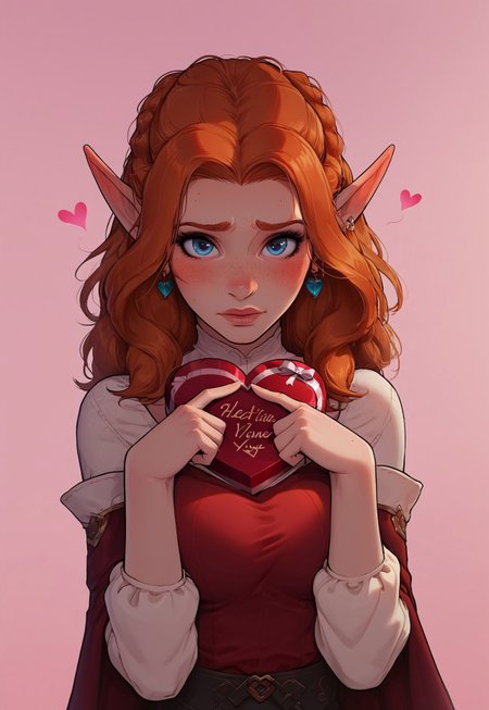 safe_pos, (score_9, score_8_up, score_7_up, score_6_up, score_5_up, score_4_up), source_cartoon, 1girl, sexy, pose, dynamic angle, sexy, elf mage, blue eyes, french braids, ginger hair, earrings, freckles, body freckles, detailed face, hourglass body, Valentine's day, scenery, embarrassed face, <lora:fidgeting-index-fingers-together-ponyxl-lora-nochekaiser:1>, fidgeting index fingers together, index fingers together, looking at viewer, fidgeting, blush, dutch angle, heart, upper body, dress