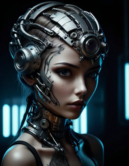 A portrait of a gorgeous sexy 20 year old, in the cyberpunk style with detailed facial features and detailed mechanical parts on her head and neck, conveying a futuristic vibe <lora:ral-chrosc-bw:1> ral-chrosc-bw