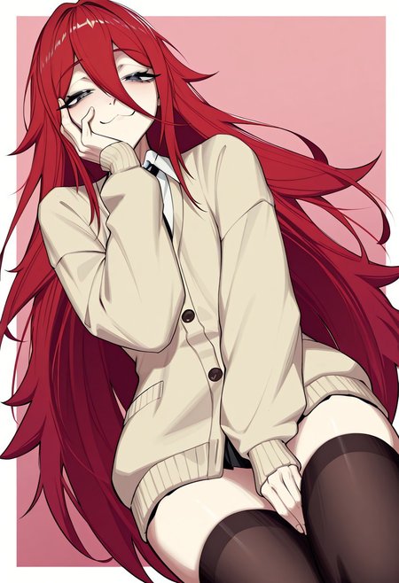 orouu, solo, from below, dutch_angle, looking at viewer, leaning, hair_between_eyes, :3, smile, half-closed eyes, red hair, very long hair, long bangs, hair_over_face, hand on face, androgynous, cardigan, thighhighs, street