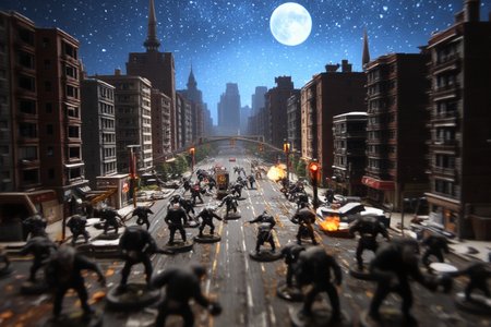tabletop miniatures, capturing a city overrun by zombies and undead fighting against orcs, indoors, diorama, set against a starry night with light snow, featuring a destroyed city center with collapsed buildings, cracked asphalt, bent traffic lights, road signs, flames, fire, and explosions, displayed on a study table. The composition should utilize a depth of field that focuses on the subject, capturing it as the main focal point within a realistic setting. Ensure the depiction is natural and pays close attention to accurate textures and lighting throughout the scene, intricate hand-painted details, ultra-realistic textures, award-winning craftsmanship || studio rim lighting, vivid yet tense colors, UHD resolution, rich details, award winning, impactant image, dramatic pose, diorama background. Pay attention to the tabletop minis as it's a game of warhammer.