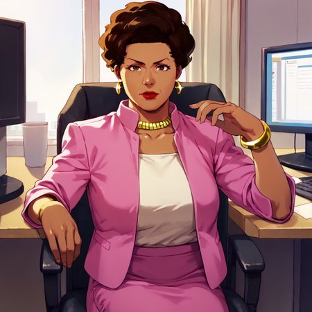 score_9, score_8_up, score_7_up BREAK AmandaWaller, 1girl, dark brown hair, brown skin, brown eyes, red lipstick, gold earrings, gold necklace, left wrist gold bracelet, open pink suit jacket, white undershirt, pink skirt, black high-heeled shoes, mature woman, sitting inside yellow office, yellow office chair, pink computer screens, yellow pink office, looking at viewer, solo, solo focus, female focus,