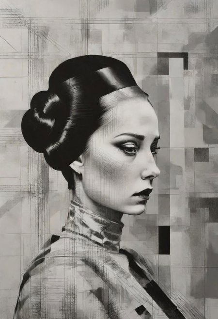 pop surrealism, rough crosshatch drawing pop art Lunatic_Portrait of a girl in latex, slick back, low bun, black makeup, sinister expression, intense glare, avant-garde, abstract, weird, geometric, constructivism, suprematism, rayonism, verticism, lineism, tj