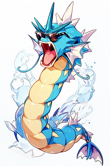 score_9, score_8_up, score_8,  ,,,  zzGyarados, open mouth, simple background, white background, full body, tongue, fangs, sunglasses   ,<lora:GyaradosPokedexPDXL_v3:1.0>,   ,,, ,,, embedding:zPDXL, Expressiveh, <lora:Expressive_H-000001:0.4>,  <lora:ProAnime_PDXL_v1:0.8>,