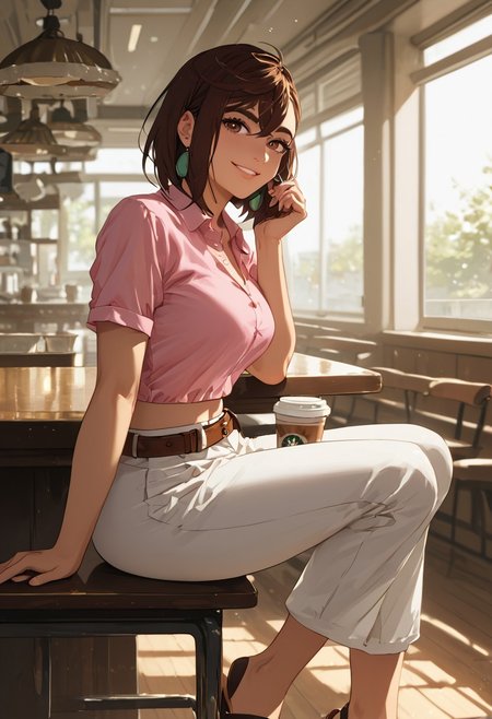 masterpiece,best quality, highly detailed, score_9, score_8_up, score_7_up, score_6_up, hyperrealistic,
 BREAK
 1girl, (((Momo Ayase, sexy, adult, Brown hair, medium hair, brown eyes, thick thighs ))), full breasts, thick thighs,  (((sexy pose, closeup, focus on face, waist up photo, portrait)),
, (((white Pants, brown belt, midriff pink blouse, sandals, closeup, looking at viewer,, drunk, flirty smile)))
((Sitting, relaxed, chair, cafe, , paper coffee cup, cute, ))),, coffee shop, morning, by window, shadows, (((sexy setting,view from Side, eye level, sunlight on body romantic, hidden))); , , vibrant colors, soft focus, textured surfaces, depth of field, dim, rich details,,background, (((solo)))