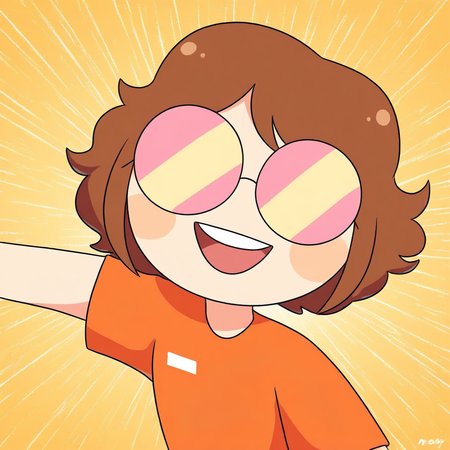 Round glasses, Blue pants, Short hair, Brown hair, No nose, Orange clothes, 1 girl, no see eyes