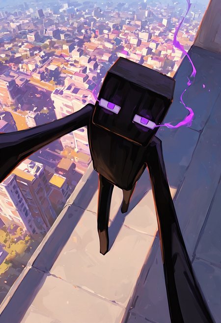masterpiece, best quality, amazing quality, very aesthetic, absurdres, newest, , detailed background, 
klskx
enderman, no humans, purple eyes, rectangle eyes, , solo, male focus, black skin, no mouth, square head, square body, black head , pokemon (creature), 
daytime, eye trails, from above, taking selfie, long arms, long limbs, daytime, on building, city view, purple smoke, golden hour, looking at viewer,