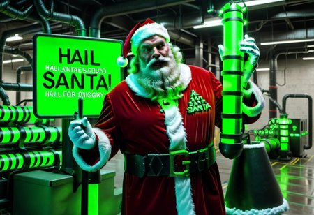 raw photo,cinematic shot,realistic,cybermutant ai overlord santa claus with glowing red and green tubes in an industrial facility holding a sign reading "Hail Santa"
