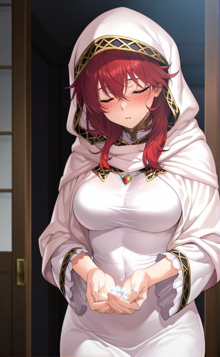 masterpiece, best quality, highres, newest, 1girl, solo, official style, anime screencap, <lora:IL_Lena:1>, lena, red hair, closed eyes, white dress, hood, taut dress, cowboy shot, blush, parted lips, healing, arms down