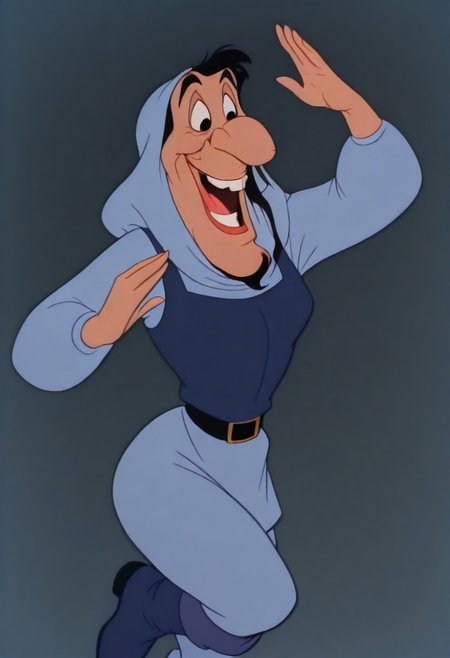DukeIgthorn, retro artstyle, solo, long black hair, black eyes, big nose, BBN, light blue hood, light blue sleeves, long sleeves, light blue pants, blue tunic, dark blue boots, black buckle belt, smile, open mouth, masterpiece, best quality, sensitive, 1girl, solo, looking at viewer, (dynamic pose:1.4), female body, genderswap (mtf), genderswap, ,, retro artstyle, gender transformation