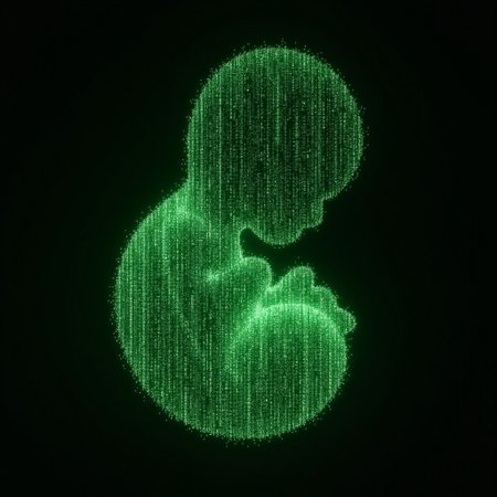 ultrasound detailed sonogram comprised of detailed vertical cascading streams of glowing green Matrix-like code, matrix of glowing code cascading, merged shape of human embryo, connected to placenta, within uterus, biomedical imagery