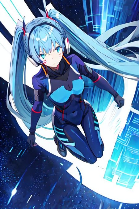 solo, 1girl, solo_focus, 
hermit mio, long hair, blue eyes, twintails, very long hair, blue hair, facial mark,, headphones, gloves, bodysuit, covered navel, pilot suit,