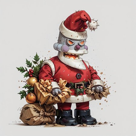 score_9, score_8_up, score_7_up, score_6_up, rating_safe,
r0b0t_s4nta_c1aus, solo, santa hat, santa_costume, pants,  christmas headwear, christmas clothing, solo, laughing manically, crushing present under foot,
simple background,