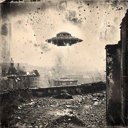 B&W 35mm vintage photo of a UFO in a WW2 picture, destroyed city backdrop