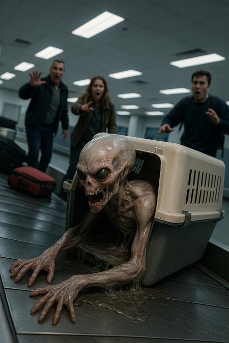 ;;; Alien in Crate at Airport - Photorealistic Horror Spec
(define alien-crate-horror
  '((camera
      (body nikon-z9)
      (lens nikkor-z-24-70mm-f-2-8-s)
      (settings
        (aperture f-2-8)
        (iso 400)
        (shutter 1-160)
        (angle low-dutch)
        (focus depth-of-field-subject-sharp pedestrians-soft))
    
    (subject
      (type humanoid-alien)
      (appearance slick-translucent-skin elongated-limbs)
      (position wedged-in-travel-pet-crate)
      (mutation limbs-melting-blending-into-crate crawling-motion)
      (expression twisted-in-pain unsettling-body-angles))
    
    (setting
      (environment airport-package-area)
      (background conveyor-belts scattered-luggage sterile-walls)
      (pedestrians
        (reaction horror)
        (gesture recoiling-pointing-faces-distorted)))
    
    (lighting
      (type bright-airport-studio)
      (sources overhead-led-panels ambient-reflections)
      (effect stark-shadows specular-highlights eerie-glow))
    
    (mood
      (atmosphere horrifying-creepy-unsettling)
      (style photorealistic-candid-documentary))
    
    (technical
      (render ultra-high-resolution)
      (cgi photoreal-textures subsurface-scattering)
      (palette cold-grays sterile-blues flesh-tones)
      (postprocess motion-blur subtle-vignette)))
)

