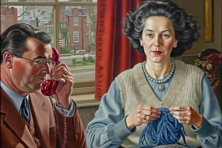 sspencer1 painting.
 A painting depicting two people engaged in activities inside a room with a window view. The scene is set indoors, with a warm, earthy palette dominated by browns and reds. On the right, a woman is seated, knitting a large, intricate piece of blue yarn onto a cream-colored sweater. She has curly, dark hair and wears a light blue, long-sleeved blouse adorned with a string of pearls. On the left is a seated man holding a red phone handset close to his ears, as if talking to it.
 <lora:sspencer1_cap_d6a3:1.0><lora:832146404894938666:0>