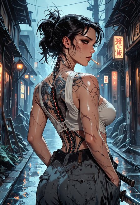 highres, very detailed, amazing quality, masterpiece,
very aesthetic,
particle effect, Cinematic, 
1girl, solo, toned, toned body, scars, slashed clothing, ripped clothing, holes in pants, Black hair, hair up, beautiful, exposed shoulders, exposed back, bionic spine, smoking, cigarette, strong face, angled face, brown eyes, female yakuza, cybernetic katana, bandage top, tube top, large breasts:1.5, looking at viewer, intense glint in eye, beautiful eyes, 
Back tattoo, Dragon back tattoo, 
hands in pockets, baggy pants, ancient pants, 
Raining, ancient Japanese street, 
Close up, cowboy shot, 
From behind, View from behind,