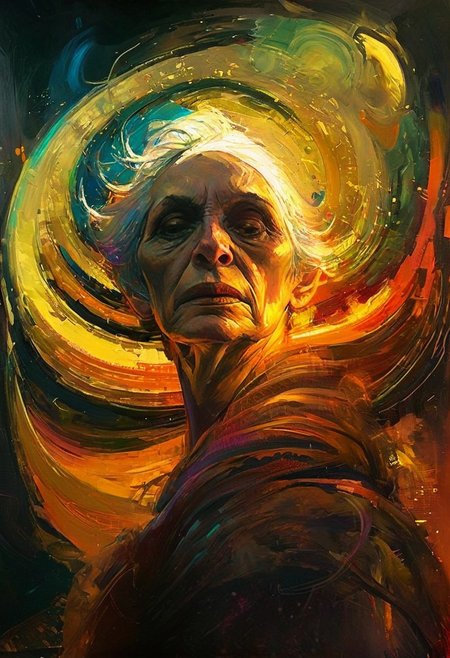 Psychedelic, old woman, style of Jeremy Mann, vibrant colors, swirling patterns, abstract forms, surreal, trippy,