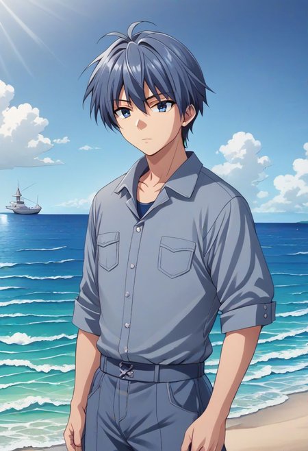 high resolution, solo, best quality, 1Boy, Tomoya Okazaki, Grey Blue Hair, sea, bow cruise ship, stong wind, ocean, OverallDetail