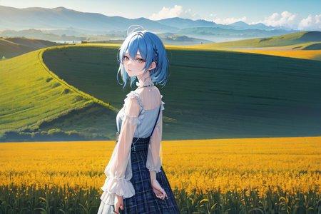 (otherworldly), highly insanely detailed, masterpiece, top quality, best quality, highres, 4k, 8k, RAW photo, (very aesthetic, beautiful and aesthetic), farm, fields, barn, fence, fantfa, <lora:FantasyFarm-10:0>, 
1girl, 
(sky blue hair,plaid hair,tropical sunset orange hair ), 
(pure yellow background,transparent background),âââ