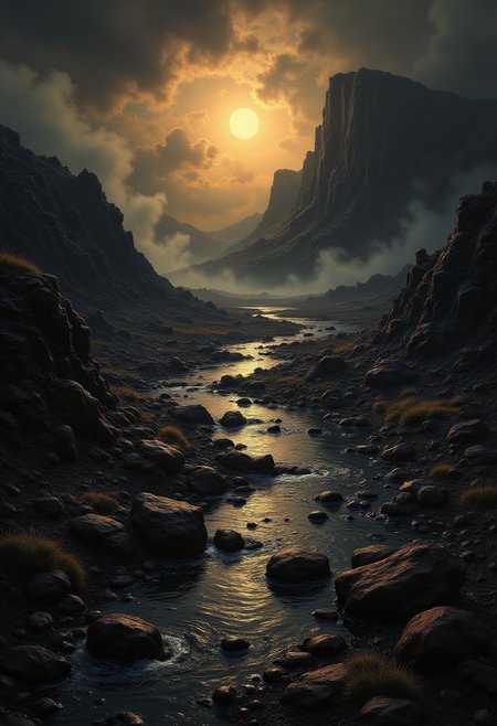 Immerse yourself in a breathtaking landscape bathed in mysterious shadows, where an enigmatic sun casts ominous light upon the rich hues of rusty reds, ebony browns, and somber charcoal grays. A serpentine river winds its way through this desolate terrain, fed by misty waters that flow from an ancient volcanic crater nestled in the distance. Eerie mist blankets the land, obscuring intricate details and lending a haunting atmosphere to the scene. Subtle splashes of emerald moss decorate the worn rocks, contrasting against the muted color palette and drawing the viewer into this stark yet alluring world. The surreal beauty of this dusky scene captivates with its complexity, while the masterful interplay of shadows and highlights heightens the drama of this captivating tableau. ,<lora:flux/fav/we-br-v2.safetensors:1.0:1.0>