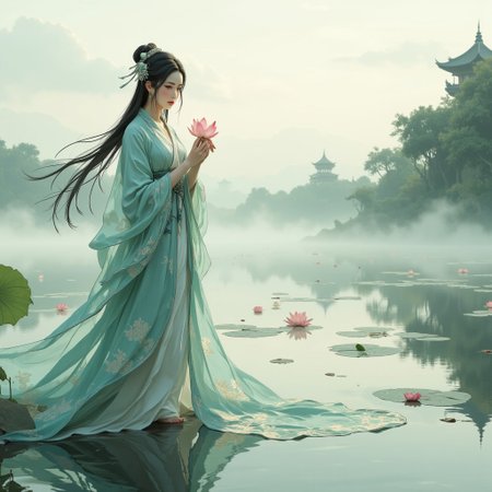 abstract,((A graceful wuxia beauty stands on a tranquil lotus pond, her flowing silk robes rippling like water. She delicately holds a blooming lotus in her hand, her serene face framed by elegant black hair adorned with jade pins. Mist drifts across the pond, softening the distant view of ancient pagodas and willow trees. The scene evokes the elegance of a Song dynasty ink painting, with muted pastel hues, soft light filtering through morning mist, and a sense of stillness. Lotus petals float on the water’s surface, creating a layered, ethereal composition that feels both timeless and magical.))(perfect face),
