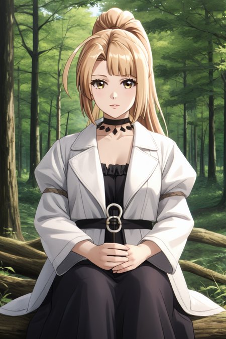 <lora:lorraine_vivie_NFB_pony:1>  Japanese girl, lorraine vivie,  before story, 1girl, solo, long hair, blonde hair, holding, brown eyes, sitting, ponytail, ahoge, outdoors, choker, tree, nature, forest, black frill dress, white jacket,looking at viewer, sitting on the dead tree,