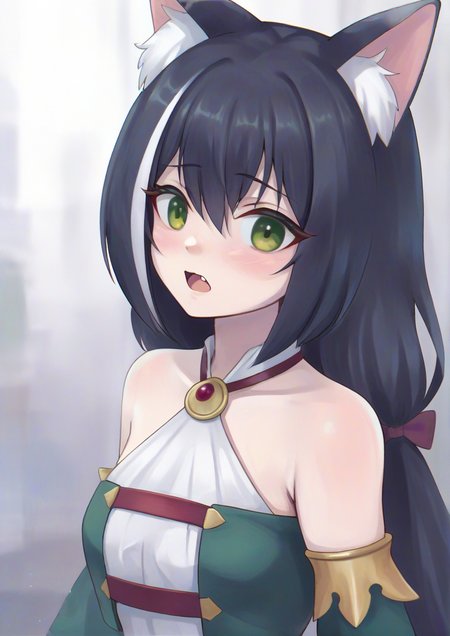 1girl, karyl (princess connect), furry female, animal ears, bare shoulders, black hair, cat ears, cat girl, green eyes, hair between eyes, long hair, open mouth, solo, upper body,zPDXL3  <lora:ama_mochiãã¾ãã¡:1>