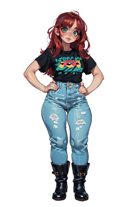 <lora:RealMix6:1>, score_9, score_8_up, score_7_up, score_6_up, score_5_up, rating_questionable, source cartoon
1girl, pretty face, pretty eyes, detailed eyes, HD eyes, thick thighs
hands on hips, standing, cowboy shot
looking at viewer, blush, eyebrows, long hair, red hair, green eyes jeans, green t-shirt, boots, high waisted jeans
simple background, white background