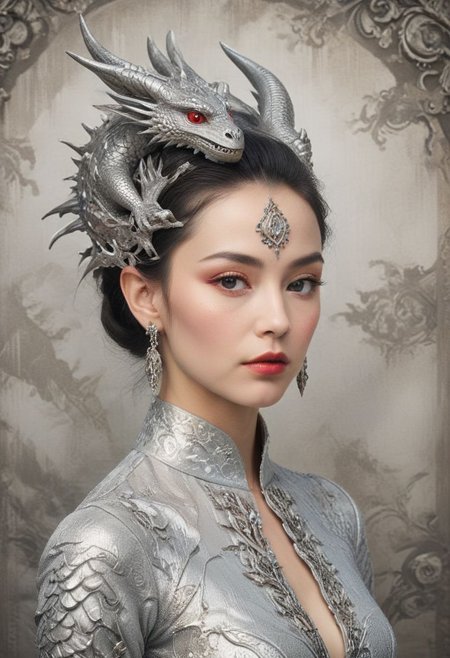 An elegant Asian woman with fair skin and a sophisticated appearance is intimately entwined with a majestic silver dragon. Her poised profile shows soft facial features, dark arched eyebrows, and full red lips. Her raven-black hair transitions into a chic updo at the back with a large, ornate dragon-scale hair accessory that mimics a dragon's head crest. Intricate silver dragon-themed jewelry adorns her ears. She possesses a slender neck and shoulders, exuding grace and strength. The silver dragon is a centerpiece, featuring a plethora of finely detailed scales and multiple serpentine heads with sharp features, reminiscent of ancient Eastern dragon depictions. The dragon's eyes are keen and yellow, with slit pupils, set in fierce, intelligent faces. Its horns and spines carry the same elaborate patterning found in the woman's headdress, indicating a shared affinity. The background is minimalistic, casting focus onto the subjects, and the image carries a color palette dominated by silver, gray, and hints of muted ivory, evoking an ethereal atmosphere. The composition conveys a narrative of unity and power between human and mythical creature, blending reality with fantasy in seamless harmony. English pastoral cottage exterior, twilight, ultra-surreal, Nikon D850, emotional, sublime, dynamic composition, angle view, vintage colors, vintage, ultra-clear, wide angle shot,elegant figure of a ballerina