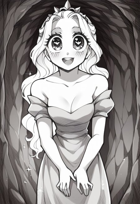 score_9, score_8_up, score_7_up,rough_sketch, monochrome, greyscale, princess, puffy sleeves,cleavage, solo, cute girl, medium breasts, warm smile, big smile, ((big eyes)), (sparkles on eyes), open mouth, off-shoulder dress, 1girl, long hair, dress, full face blushing, cleavage, princess carry, (((pov))), male pov, 1boy, cave, heart-shaped pupils