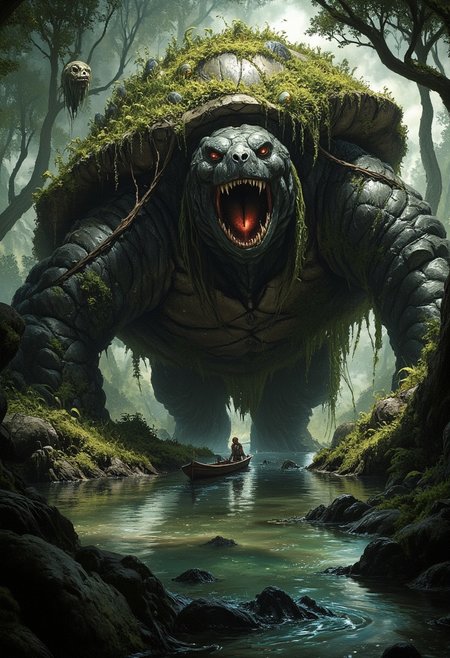 dark fantasy and eerie scene at sunset, A colossal turtle with walking in a shallow swamp. On its shell grows an intricate rain forest, moss cascades from the shell on its sides. in the swamp, a little boat with a boy that is looking the turtle in awe, the turtla has the mouth open and are looking the boy.
mystical touch, dread atmosphere, sense of suspense and wonder, view from above, 
(score_9, score_8_up:1.1), score_7_up, (reflective volumetric), raytracing, absurdres, dark, low-key, df_style, ArsMJStyle, dnddarkestfantasy