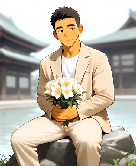 ((source anime)), breeze style, ((anime eyes:1.5, small nose, simple mouth:1.5)), short hair, score_9, score_8_up, score_7_up, Korean, <lora:Expressive_H:1.4>, ((handsome man:1.2, light skin)), (focus male, solo:1.1), masterpiece, best quality, ((1man, 1boy, mature man:1.4)), masterpiece, best quality, amazing quality, 
<lora:Breez_Style_Wv5:1>. breeze style, smile, 
masterpiece, best quality, amazing quality, 1boy, solo, masterpiece, best quality, young man sitting on a rock, relaxed posture, casual outfit (beige jacket, white t-shirt, beige trousers), short dark hair, holding a small bouquet of flowers, slight smile, looking at the camera, outdoor setting, blurred background with architecture, candid lifestyle photography, shallow depth of field, bright and even lighting, sunny day, volumetric lighting,