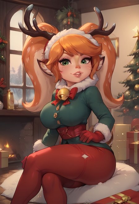 (score_9, score_8_up, score_7_up,) masterpiece,( high quality:1.1),( best quality:1.1),detailed,detailed eyes,perfect eyes,detailed,detailed hands,perfect hands,detailed,detailed legs,perfect hands,
1girl, Sfpoppy, yordle, shortstack, animal nose, animal ears, deer girl, antlers, long hair, orange hair, twintails, green eyes,
perfect lips,curvy, perfect naturally huge breast,huge thighs, perfect round huge ass,toned ass, long legs, perfect ratio proportioned face,perfect eyes, curvy shape, hourglass body, perfect waist to hip ratio, perfect female body,
solo,sitting,naughty face.looked at viewer,bites lips.
winter clothes, red pants, gloves, fur trim, 
indoors,festive background,winter for window,christmas tree,