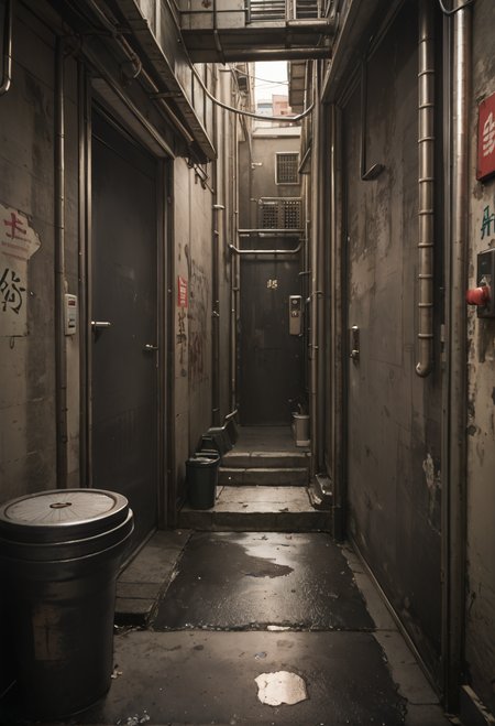 ,ruanyi1205,outdoors,alley,industrial pipe,door,<lora:1205 Old-time Hong Kong alley_v1_pony:1>, score_9,score_8_up,score_7_up,,8k,1girl,solo,,