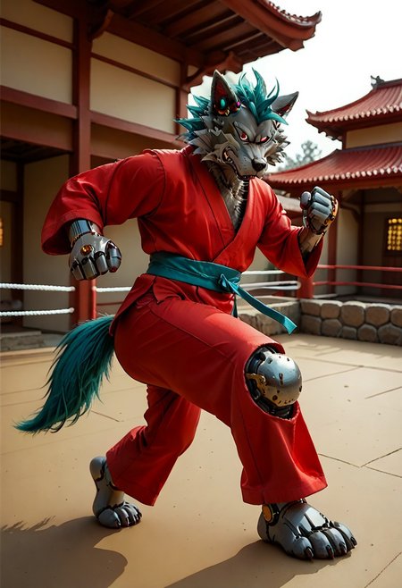 (((Barefoot furry character, full body, cinematic setting, furry male, plantigrade))) 
(((Gilliam))), wolf boy, ((red kimono and pants, training kung-fu on outdoors training ground, fighting stance, dynamic pose, perform side kick)), nice feet paws, three toes, claws, pawpad, determined look
BREAK
(((gilliam wolf, evil eye, sharp, tire body, red fluff tail, cyan hair, robot, wolf, metallic))), (((kicking, kicking at viewer, stands on one feet)))
BREAK, intricate details, highly detailed, extreme detail, octane render, fine art, best quality, highres, (detailed face:1.5), ((full_body)), UHD, (((perfect hands))), low light