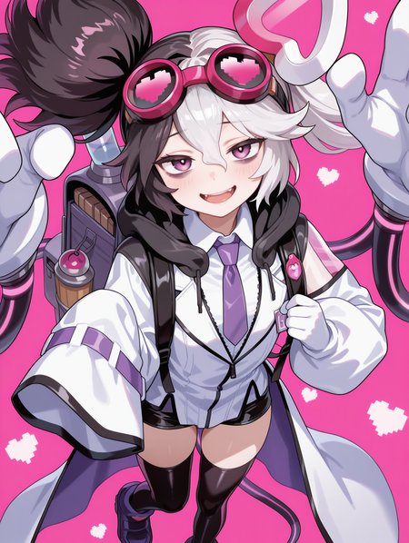 vanquish soul dr. mad love,1girl,solo,pixel heart,open mouth,looking at viewer,purple sneakers,single sleeve past fingers,smile,white hair ornament,goggles on head,white collared shirt,white labcoat,purple necktie,single white glove,black short shorts,black thighhighs,extra mechanical arms,backpack,from above,bags under eyes,
masterpiece,best quality,amazing quality,very aesthetic,absurdres,newest,<lora:Vanquish Soul Dr. Mad Love illusXL v1.1:0.72>,