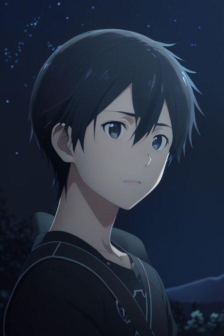 high resolution, solo, best quality, 1Boy, Kazuto Kirigaya, portraits, Black Hair, Black Eyes, open space, night sky, moon, OverallDetail