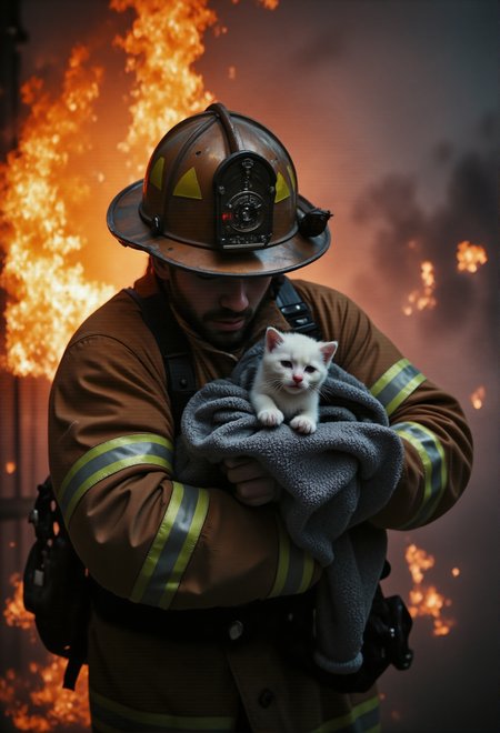 S4DC1NE. This photograph captures an heroic firefighter emerging from a burning building, cradling a rescued white kitten gently wrapped in a soaked blanket. The firefighter's traditional fire helmet has a reflective mirrored visor lowered, hiding his face. Behind them, roaring flames and thick smoke create a chaotic and dramatic backdrop, painted in intense warm tones of orange, red, and black. Steam rises visibly from the wet firefighterâs uniform and the damp blanket due to the intense heat. The scene captures a tragic yet hopeful atmosphere, with a sense of relief and humanity shining through as the kitten appears safe and unharmed. The lighting emphasizes the warm glow of the fire against the cool mist of the steam, with intricate textures highlighting the firefighterâs gear, the kittenâs fur, and the burning building. The overall style is hyper-realistic, dynamic, and emotionally evocative..