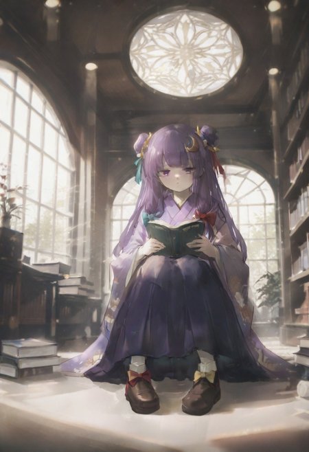 volumetric lighting, ambient occlusion, luminescent background, masterpiece, very awa,library,indoors, a girl sitting and holding a book, beam of light, light through window
BREAK
 patchouli knowledge, 1girl, solo, purple eyes, purple hair, long hair, sidelocks,, patchouli knowledge \(great library at the hieda residence\), alternate costume, no headwear, hair bun, double bun, hair ornament, blue bow, yellow bow, red bow, aqua bow, crescent hair ornament, purple kimono, floral print, long sleeves, wide sleeves, yellow obiage, purple obi, hakama skirt, footwear bow, brown boots, holding book,