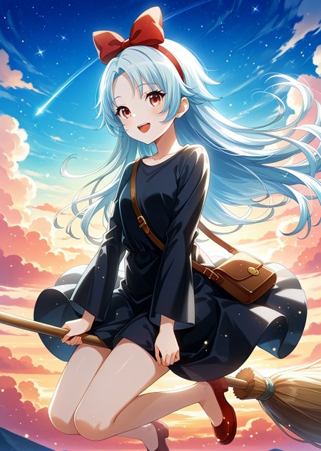 , , , , ,masterpiece, best quality, amazing quality, very aesthetic, absurdres, newest,
eyesHD, high gradient eyes, detailed eyes, high definition eyes,general, ,
shiro, 1girl, solo, long hair, brown eyes, blue hair, red eyes,(kiki \(majo no takkyuubin\) \(cosplay\)), broom riding, black dress, bag, solo, broom, sky, dress, hair bow, red hairband, bow, looking at viewer, brown bag, open mouth, outdoors, long hair, cloud, blue sky, hairband, red bow, :d, day, blush, long sleeves, bow hairband, shoes, bare legs, no socks, red footwear,  flying sky, witch, fantasy,