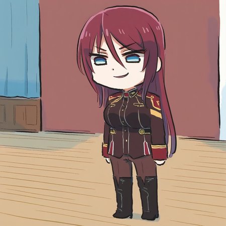 newest stylish, extreme aesthetic, 1girl, solo, BeatriceKushan, standing, on floor, indoors, wooden floor, full body, chibi, bk's uniform, bk's pants, bk's thigh boots, evil smile, looking down, xinzoruo, <lora:Bea&KilaKushan-ilxi01:0.5>, <lora:XinzoruoStyle2_AnimagineXLv3:0.7>