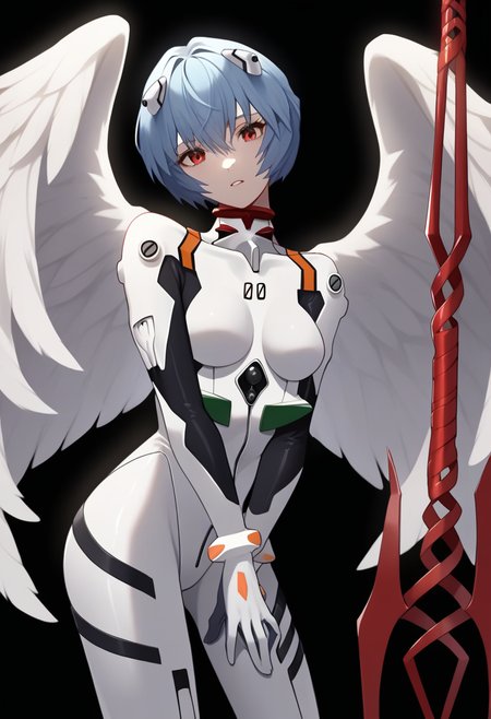 score_9,score_8_up,score_7_up,<lora:eva_pony:1>,1girl, ayanami_rei, angel_wings, solo, cowboy_shot, plugsuit, highres, lance_of_longinus_\(evangelion\), white_bodysuit, scar_on_neck, commentary, torn_bodysuit, hand_on_own_chest, looking_at_viewer, interface_headset, simple_background, white_wings, bident, head_tilt, polearm, hairpods, feathered_wings, hand_between_legs, black_background, parted_lips