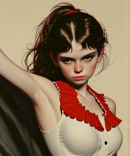 <lora:LCM_LoRA_Weights_SD15:1>
<lora:rogerhaus:1> 
mature woman, medium breasts, 
maid dress, ruffles, frills, frilled dress
ponytail, long hair, 
Light Red hair