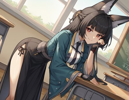 score_9, score_8_up, score_7_up, source_anime, miyabihoshimi, <lora:miyabi-hoshimi-ponyxl-lora-nochekaiser:1>, miyabi hoshimi,animal ear fluff, animal ears, black hair, bright pupils, fox ears, fox girl, half updo, long hair, red eyes, sidelocks, white pupils,, asymmetrical gloves, black gloves, black necktie, black skirt, blue jacket, collared shirt, fingerless gloves, gloves, high-waist skirt, jacket, long skirt, necktie, shirt, side slit, single fingerless glove, skirt, white shirt, wide sleeves,, indoors, classroom, bent over, smile, looking at viewer, solo, cowboy shot, dutch angle