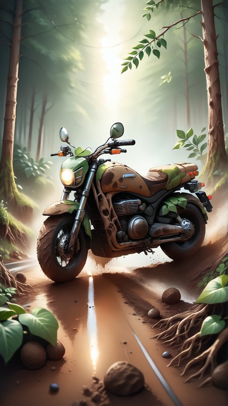 <lora:ElementEarthPDXL:1>ElementEarth score_9, score_8_up, score_7_up, score_6_up, source_anime, motorbike, nature, dirt, (earth:0.4), (leaves:0.7)