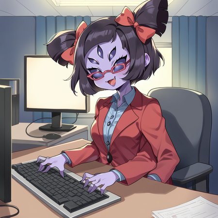 score_9, score_8_up, score_7_up, score_6_up, score_5_up, score_4_up, zPDXL2,source_anime,rating_questionable, 1girl,  solo, <lora:Typing:0.7> typ1ng, sitting, keyboard (computer), monitor, indoors, office, night time, sunset, muffet undertale, multiple arms, red blazer, glasses