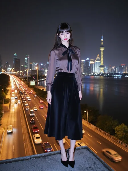 There are wonderful studio lights and various reflections,
18yo beautiful cute girl with blushing and female orgasm.skin naturally showing the texture of blood vessels and detailed pale skin,
--,
<lora:Nakajo_Ayami_f1:1>,she is Nakajo Ayami,
(Velvet_midi_skirt:1.5),(Satin_blouse_with_bow_tie:1.4),(Pointed-toe_mules:1.3), Long exposure photo,photography,She is in the main center of the picture,standing on the edge of the roof of a skyscraper. Cars are flowing on the street,and behind her,the night road forms a torrent of cars. In the distance,the background is the Shanghai Oriental Pearl Tower and the Huangpu River,and the city scenery is viewed from a bird's-eye view.,,#ä¸æµ·å¤æ¯