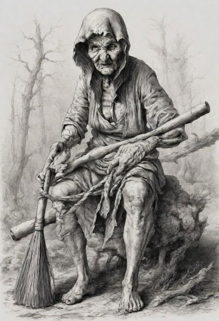cartoon art, An old woman with long gray hair and a headscarf tied on her head is flying inside a large mortar with a broom in her hands, she has a long crocheted nose1 close up