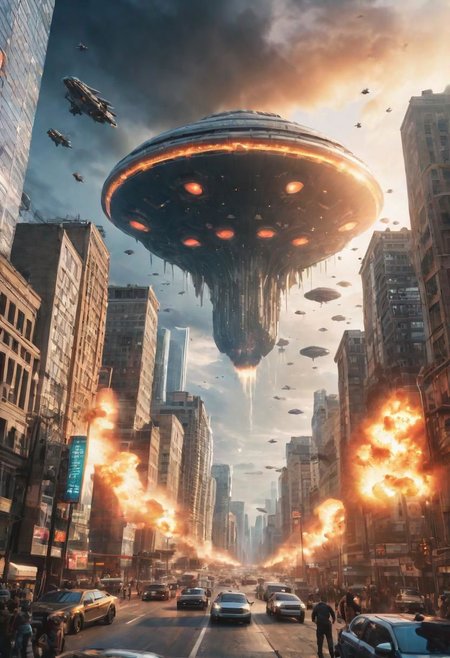 ultra realistic and detailed low-angle shot, of a city attacked by alien ships, at sunset, many details comic book cover