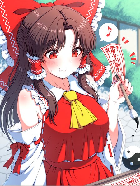 masterpiece, best quality, absurdres, amazing quality <lora:cfg_scale_boost:0.3> <lora:StS-Illustrious-Detail-Slider-v1.0:3> <lora:StS_Age_Slider_Illustrious_v1:3>,detailed_background,outdoors,long hair,open mouth,paw print,frills,hair bow,1girl,red eyes,brown hair,holding paintbrush,red bow,bow,paintbrush,smile,frilled bow,ascot,frilled hair tubes,ofuda,holding calligraphy brush,grouse01,unfinished dream of all living ghost,detached sleeves,holding,ribbon trim,musical note,touhou,blush,orb,cleaning,yellow ascot,hakurei reimu,yin yang orb,yin yang,skirt,closed mouth,ribbon-trimmed sleeves,skirt set,calligraphy brush,red skirt,hair tubes,| |,paw print pattern,o3o